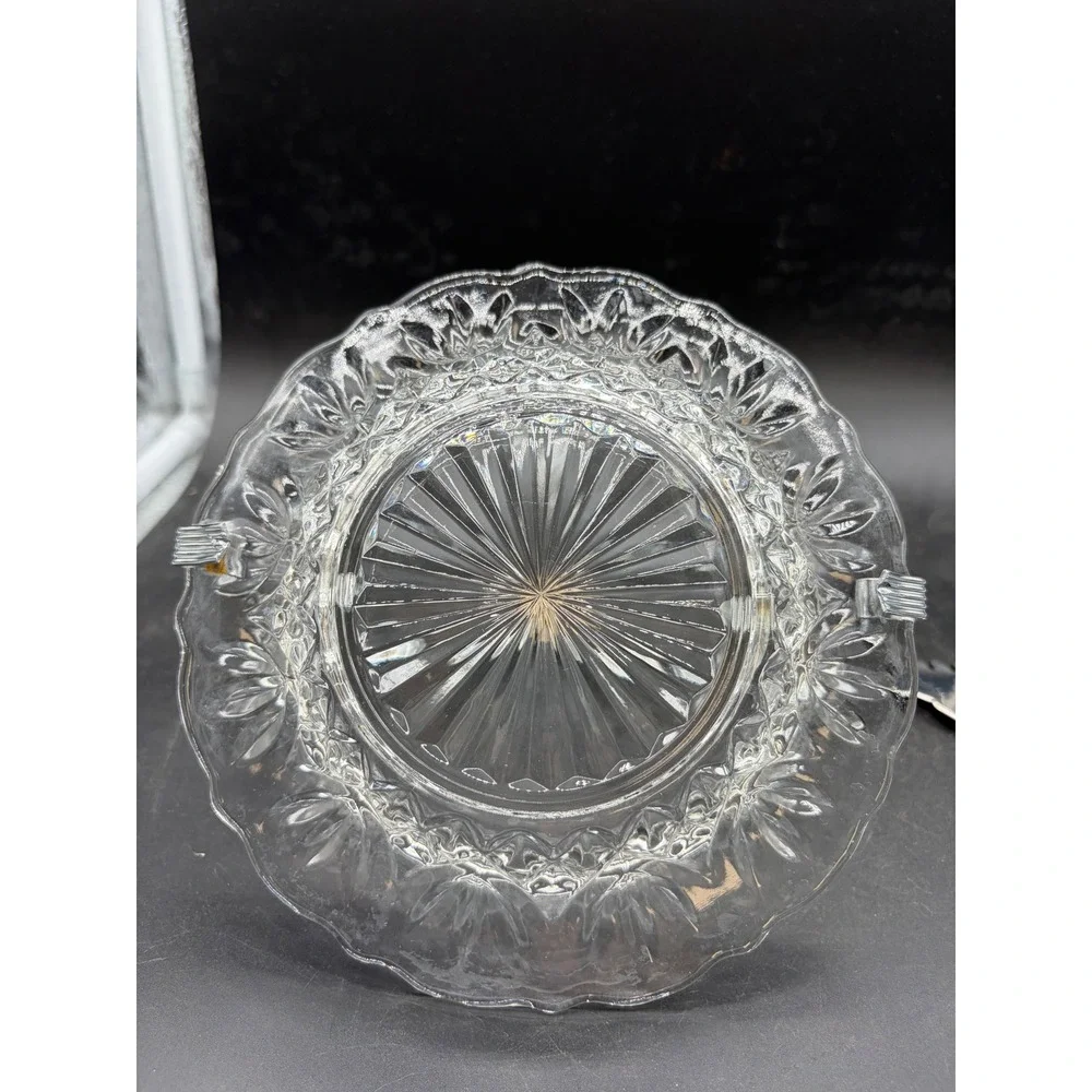 Vintage Pressed Glass Relish Dish with Chrome Handle and‎ Serving Fork Set